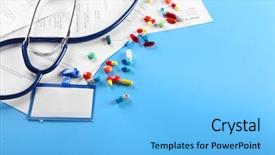  Presentation with workplace - Beautiful theme featuring medical history - doctor workplace close up backdrop and a  colored foreground