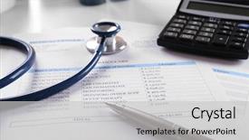  Presentation with workplace - Slide set having medical history - doctor workplace close up background and a light gray colored foreground