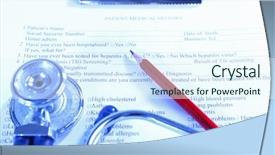  Presentation with medical clipboard - Beautiful PPT theme featuring medical history on clipboard with stethoscope close up backdrop and a sky blue colored foreground