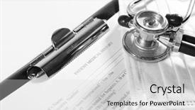  Presentation with clipboard stethoscope - Theme with medical history on clipboard with stethoscope on light background background and a light gray colored foreground