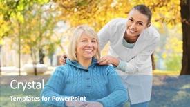  Presentation with nursing to nurse communication - Audience pleasing presentation consisting of medical home care - disabled senior woman and young backdrop and a teal colored foreground