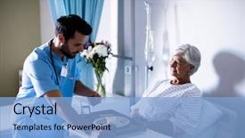  Presentation with healthcare workers - PPT theme enhanced with medical image processing - doctor serving medicine to female background and a light blue colored foreground