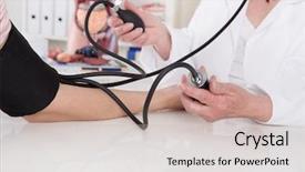  Presentation with instrument - Audience pleasing PPT theme consisting of medical instruments - measuring blood pressure with device backdrop and a  colored foreground