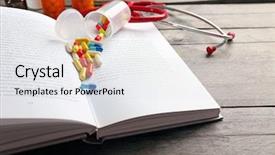  Presentation with pills - Presentation theme featuring medical instruments - stethoscope and colourful pills background and a sky blue colored foreground