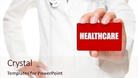  Presentation with business card - Theme featuring medical insurance - female doctor holding a red background and a lemonade colored foreground