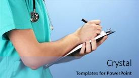  Presentation with writing pen - Slide deck with medical insurance - hand of doctor with pen background and a light blue colored foreground