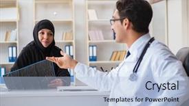  Presentation with muslim - Slide deck with medical insurance - muslim woman visiting doctor background and a light blue colored foreground