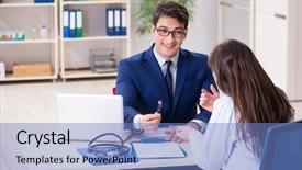  Presentation with health - Slide deck with medical interview - businessman discussing health issues background and a  colored foreground