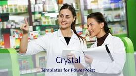  Presentation with medical pharmacy - PPT theme enhanced with medical inventory - two pharmacist chemist women working background and a sky blue colored foreground
