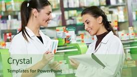  Presentation with village india women working - Amazing slide deck having medical inventory - two pharmacist chemist women working backdrop and a mint green colored foreground