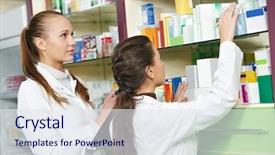  Presentation with chemist - Theme consisting of medical inventory - two pharmacist chemist women working background and a sky blue colored foreground