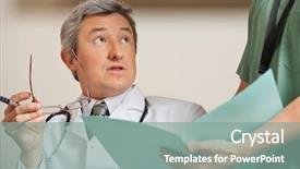  Presentation with nurse a male patient - Colorful presentation design enhanced with medical journals - mature male doctor staring while backdrop and a seafoam green colored foreground