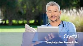  Presentation with hands holding black tablet - Cool new presentation theme with medical journals - portrait of male caretaker holding backdrop and a teal colored foreground