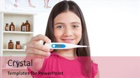  Presentation with portrait of a shy embarrassed - Slide set having medical kid - portrait of girl showing thermometer background and a red colored foreground