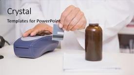  Presentation with credit card - Beautiful PPT theme featuring medical lab automation - pharmacist using keypad with credit backdrop and a  colored foreground