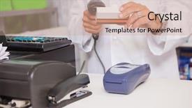  Presentation with academic medicine - Cool new slide set with medical lab automation - pharmacist using machine and holding backdrop and a coral colored foreground