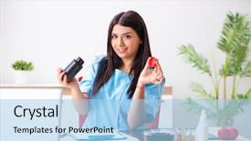  Presentation with pharmaceutical - Theme consisting of pharmaceutical medicine presentation - young beautiful female doctor working background and a light blue colored foreground