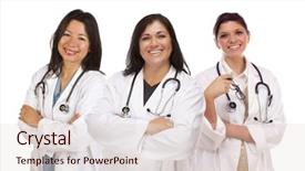  Presentation with nurses - Slide deck consisting of three hispanic female doctors or nurses isolated on a white background background and a light gray colored foreground