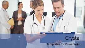  Presentation with hospital - Amazing slide set having medical leader - two doctors looking at clipboard backdrop and a teal colored foreground