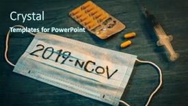  Presentation with coronavirus pills - Slide deck with medical-mask-pills-and-syringe background and a tawny brown colored foreground