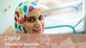  Presentation with breast feeding - Cool new PPT theme with medical midwife babby - muslim woman first feeding her backdrop and a coral colored foreground