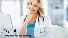  Presentation with doctor helps to get out of bed an elderly woman - Cool new presentation design with medical modelling - front view of smiling woman backdrop and a light blue colored foreground