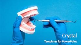  Presentation with holding hands - Amazing presentation design having medical modelling - hands in blue gloves holding backdrop and a teal colored foreground