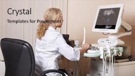  Presentation with ultrasound - PPT theme having medical monitoring device - female doctor working at modern background and a soft green colored foreground