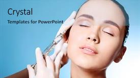  Presentation with skin - Slide set consisting of medical needle - beauty therapeutical female skin juvenation background and a light blue colored foreground