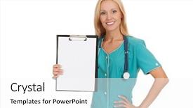  Presentation with medical clipboard - Amazing slide deck having medical notes - woman doctor showing clipboard backdrop and a white colored foreground