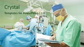  Presentation with cardiac surgery - Audience pleasing presentation design consisting of medical obstetric - male surgeon in uniform backdrop and a mint green colored foreground