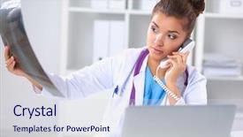  Presentation with x ray - Audience pleasing slide set consisting of medical office - female doctor looking x-ray scan backdrop and a sky blue colored foreground