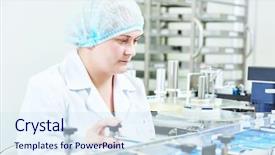  Presentation with pharmaceutical factory - Presentation design featuring medical operative - pharmaceutical factory woman worker operating background and a sky blue colored foreground