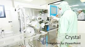  Presentation with production line - PPT theme consisting of medical operative - worker operating packing production line background and a  colored foreground