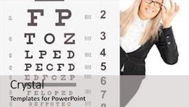  Presentation with eyesight - Slide deck with medical ophtalmology - smiling young woman standing behind background and a light gray colored foreground