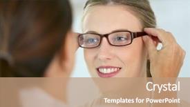  Presentation with new era - Amazing presentation design having medical ophtalmology - woman trying new eyeglasses backdrop and a coral colored foreground