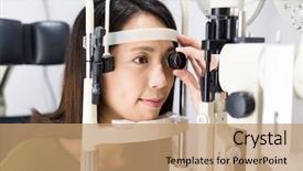  Presentation with eye medical - Slides with medical ophthalmology - woman checking vision with tonometer background and a coral colored foreground