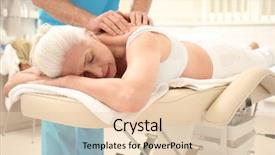  Presentation with physical therapy - Theme featuring medical osteoporosis - elderly woman getting massage background and a lemonade colored foreground
