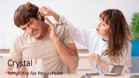  Presentation with hearing - Slides enhanced with medical otorhinolaryngology - patient with hearing problem visiting background and a  colored foreground