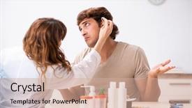  Presentation with doctor patient relations - Colorful PPT theme enhanced with medical otorhinolaryngology - patient with hearing problem visiting backdrop and a  colored foreground