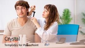  Presentation with asian doctor obese patient - Cool new PPT layouts with medical otorhinolaryngology - patient with hearing problem visiting backdrop and a  colored foreground