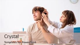  Presentation with hearing - Slide deck enhanced with medical otorhinolaryngology - patient with hearing problem visiting background and a  colored foreground