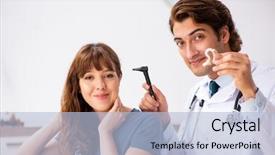  Presentation with doctor patient relations - Presentation design consisting of medical otorhinolaryngology - patient with hearing problem visiting background and a light blue colored foreground