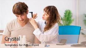  Presentation with hearing - Presentation design with medical otorhinolaryngology - patient with hearing problem visiting background and a  colored foreground
