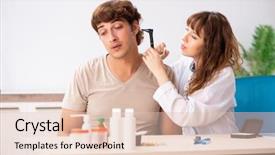  Presentation with patient and doctor - Theme enhanced with medical otorhinolaryngology - patient with hearing problem visiting background and a  colored foreground