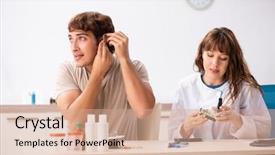  Presentation with doctor patient relations - PPT theme consisting of medical otorhinolaryngology - patient with hearing problem visiting background and a  colored foreground