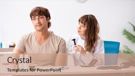  Presentation with patient and doctor - Presentation design enhanced with medical otorhinolaryngology - patient with hearing problem visiting background and a  colored foreground