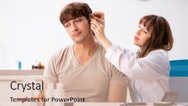  Presentation with hearing - Audience pleasing slide deck consisting of medical otorhinolaryngology - patient with hearing problem visiting backdrop and a  colored foreground