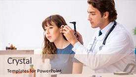  Presentation with patient and doctor - Slide set enhanced with medical otorhinolaryngology - patient with hearing problem visiting background and a lemonade colored foreground