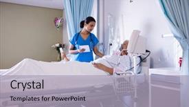  Presentation with healthcare workers - PPT theme consisting of medical oxygen - female doctor consoling female senior background and a light gray colored foreground